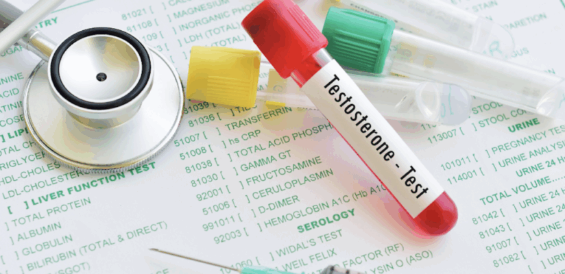 A blood sample vial labeled Testosterone Test resting on a medical lab result form with a stethoscope.