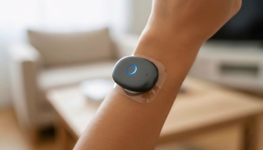 A close-up of a person applying a dark grey circular Continuous Glucose Monitor (CGM) sensor to the back of their upper arm.