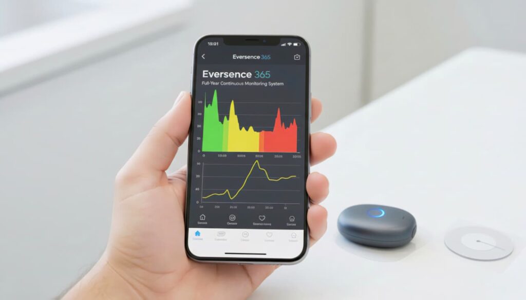A hand holding a smartphone displaying the Eversense 365 mobile app with a real-time glucose monitoring graph, alongside the Eversense transmitter.