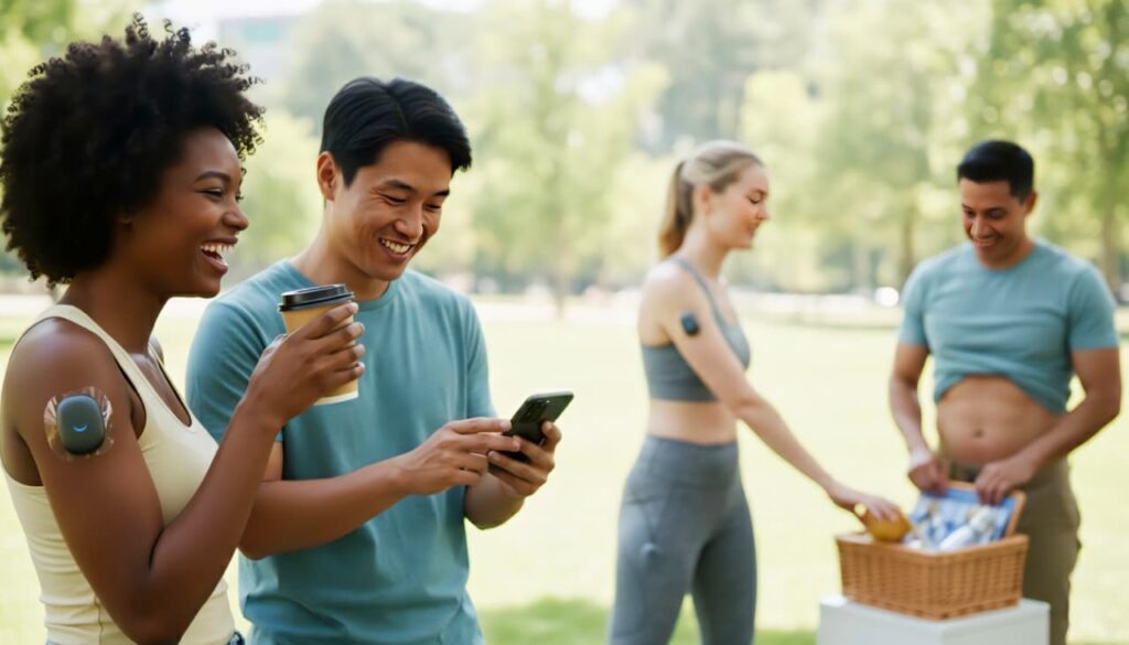 A diverse group of friends smiling at a park; two women are visibly wearing Continuous Glucose Monitor (CGM) sensors on their arms while one man checks a smartphone.