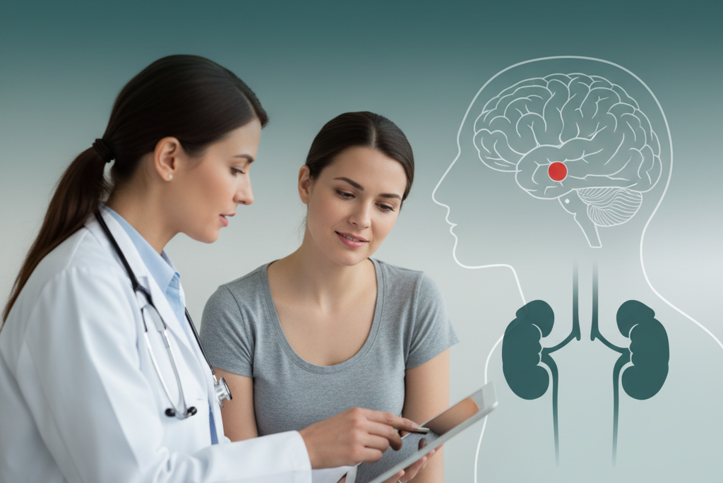 A female doctor showing a patient a digital tablet with a graphic overlay illustrating the connection between oral health, the brain, and the kidneys.