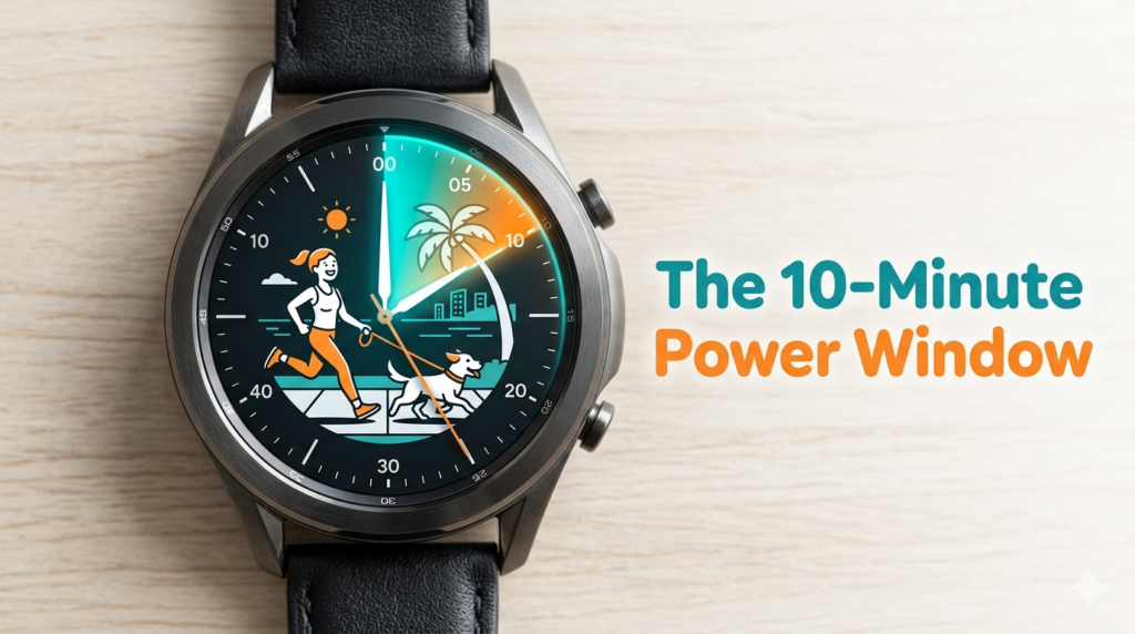 A smartwatch displaying a 10-minute highlighted window with a cartoon illustration of a woman running with her dog on a beach.