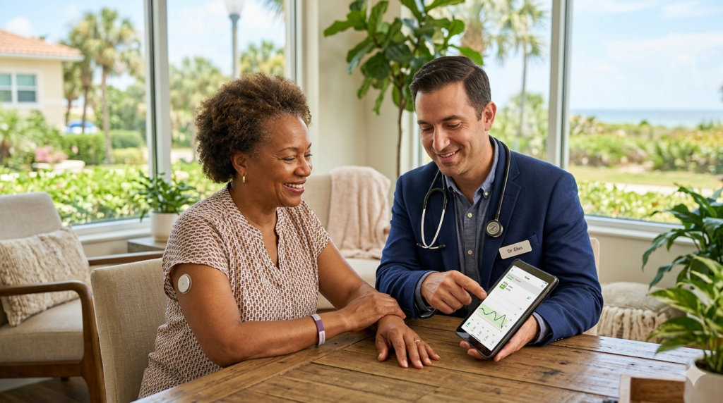 A doctor showing a patient her real-time glucose levels on a tablet while she wears a Continuous Glucose Monitor (CGM) sensor on her arm.