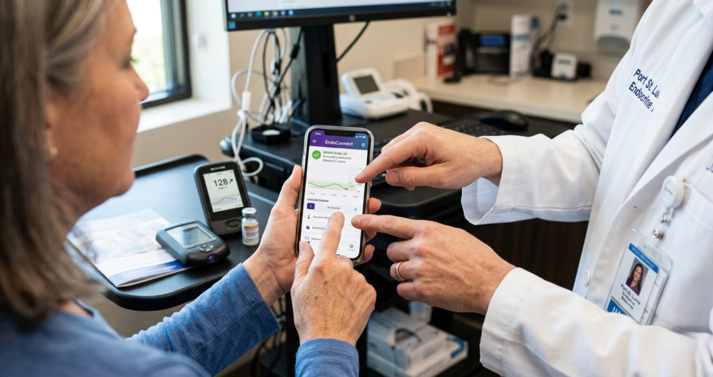 A close-up of a doctor in a white lab coat showing a patient how to use a diabetes management smartphone app synced with a CGM and insulin pump.