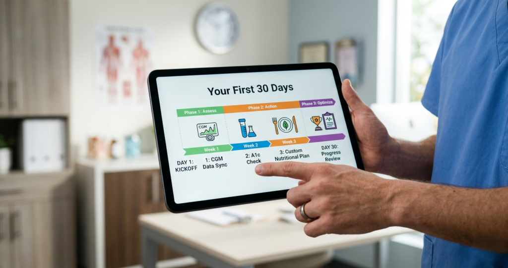 Close-up of a doctor’s hand in blue scrubs holding a tablet displaying a color-coded infographic diagram titled 'Your First 30 Days,' detailing steps like CGM Sync, A1c Check, and Custom Nutritional Plan. The background is a clean, bright endocrine clinic.