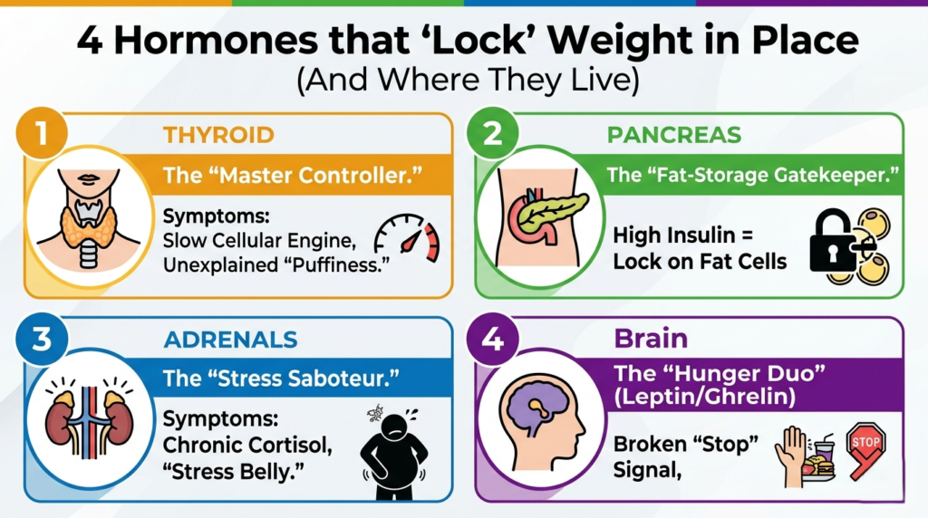 A modern four-panel infographic titled "4 Hormones that 'Lock' Weight in Place (And Where They Live)." Each numbered panel uses a stylized organ icon and bullet points: Thyroid (Master Controller), Pancreas (Fat-Storage Gatekeeper), Adrenals (Stress Saboteur), and Brain (Hunger Duo: Leptin/Ghrelin).