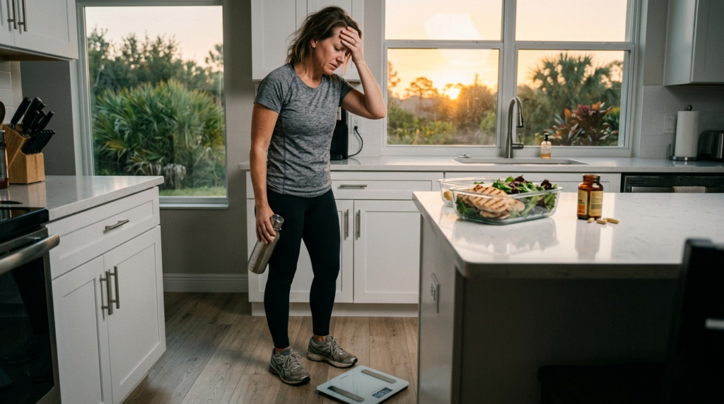 A woman in gray activewear looks down with an expression of defeat, her hand on her forehead, while standing on a bathroom scale that reads 165.4 in a modern kitchen.