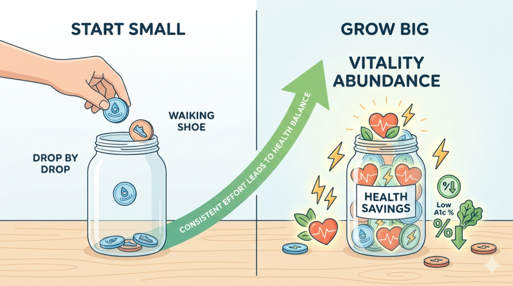 An infographic showing a hand dropping "habit coins" into a glass jar labeled Start Small, which grows into a full jar labeled Health Savings and Vitality Abundance.