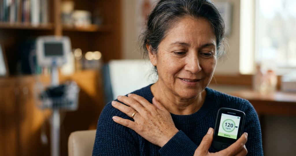 A close-up of a middle-aged Hispanic woman smiling with relief while holding a CGM receiver showing a stable 120 mg/dL reading.