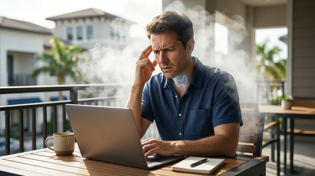 A man sitting at a laptop on a balcony appearing stressed or fatigued with a glowing blue thyroid gland graphic overlay on his neck.
