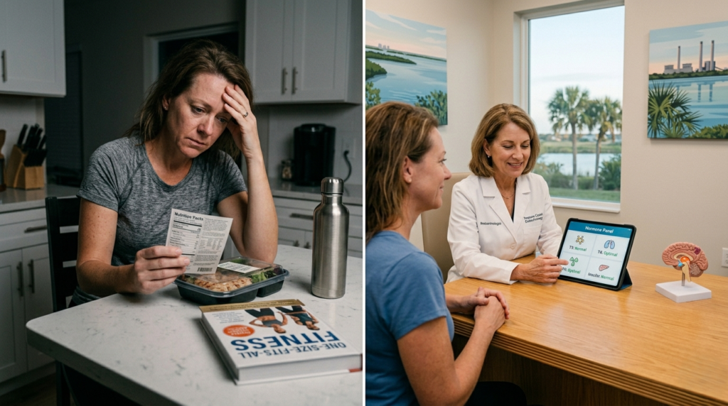 A side-by-side transition image. Left panel shows the overwhelmed patient trying to read a generic food label. Right panel shows her smiling and making direct, confident eye contact with a female endocrinologist, as the doctor uses a tablet to show stylized, clear hormone panel results (T3, T4, Insulin).