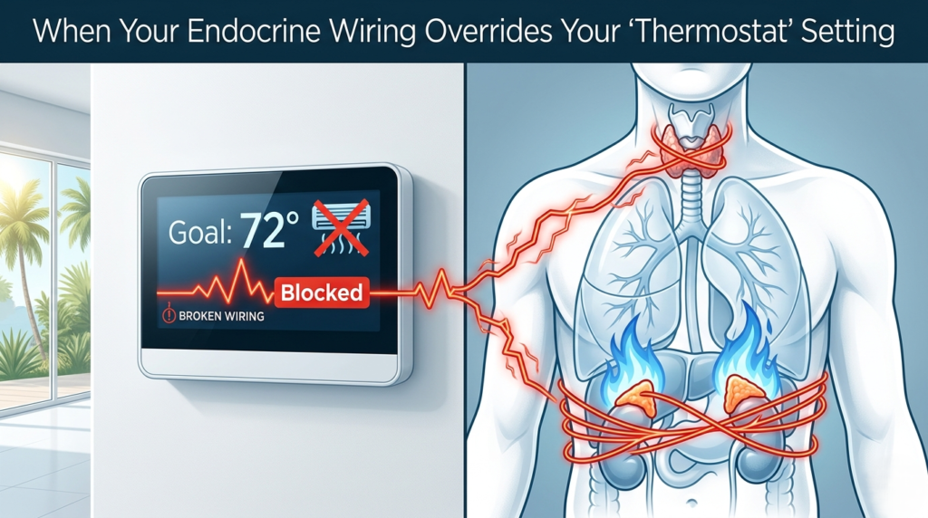 A split conceptual infographic contrasting a modern wall thermostat set to "Goal: 72°" on the left with a detailed anatomical rendering of the human endocrine system on the right. A prominent, jagged red "BROKEN WIRING" line transitions into glowing points that lock around a stylized thyroid and both adrenal glands, demonstrating how these hormones override metabolism.
