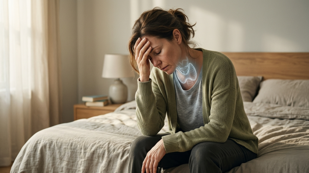 A woman in her 40s sitting on the edge of a bed, holding her head in fatigue with a glowing blue anatomical overlay of a thyroid gland on her neck.