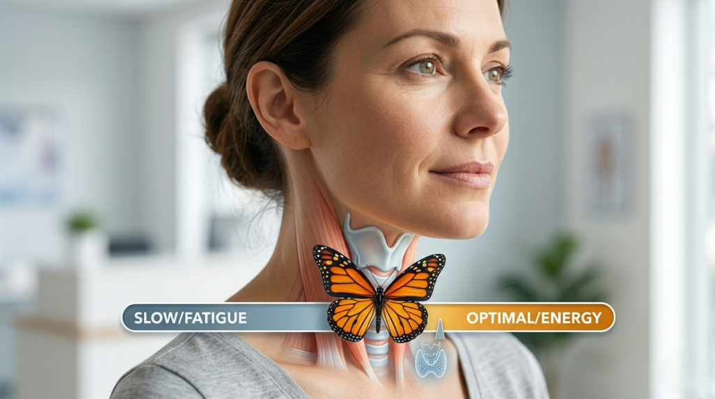 A side profile of a woman with an anatomical thyroid overlay and a monarch butterfly perched on a slider scale that transitions from 'Slow/Fatigue' to 'Optimal/Energy.'