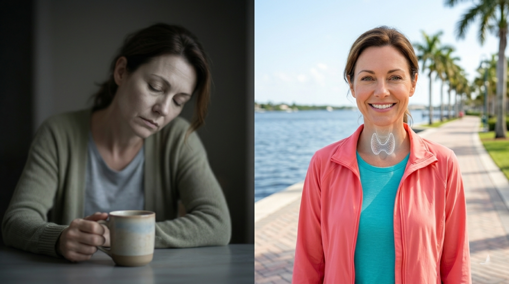 A split-screen image comparing a fatigued woman with an highlighted thyroid diagram to the same woman smiling vibrantly with energy after a successful thyroid health transformation.