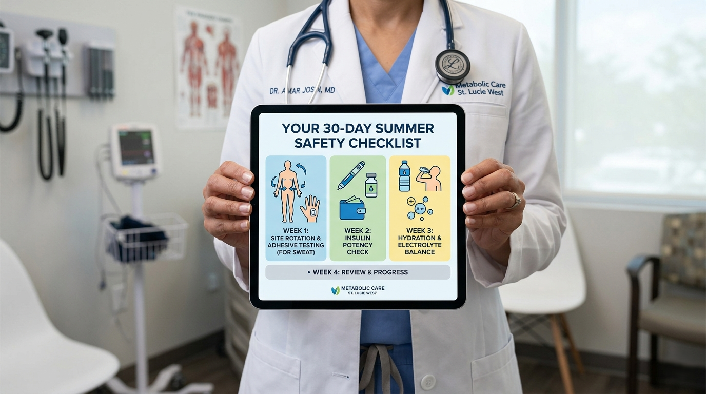 A doctor holding a digital tablet that outlines a "30-Day Summer Safety Checklist" focusing on site rotation, insulin potency, and hydration