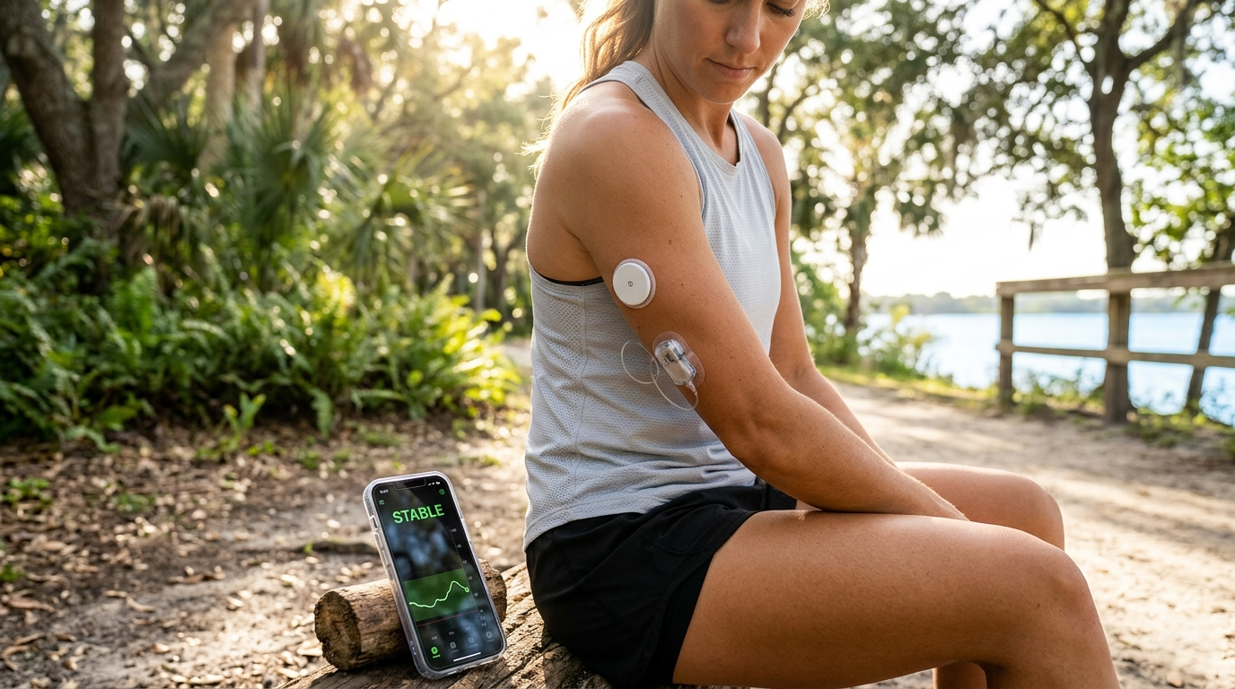 A woman in athletic wear sitting in a wooded park, wearing a CGM sensor and insulin pump, with a smartphone nearby showing a "Stable" glucose graph