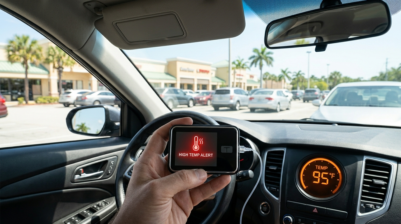 A person's hand holding a medical device displaying a "High Temp Alert" inside a car where the dashboard reads 95°F.
