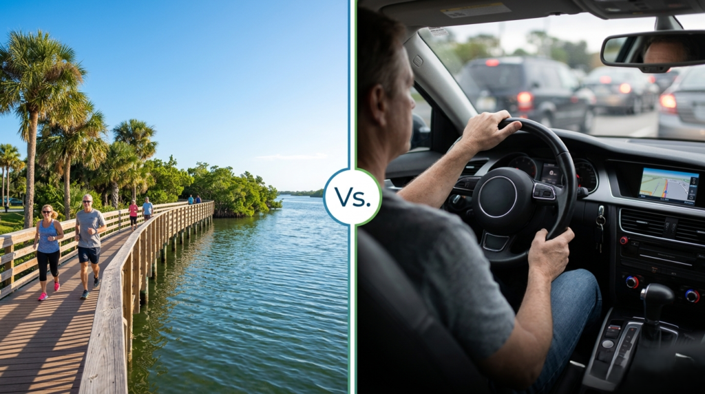 A split-screen image titled "The Gap" comparing people jogging on a sunny tropical boardwalk to a man sitting in stressful highway traffic.