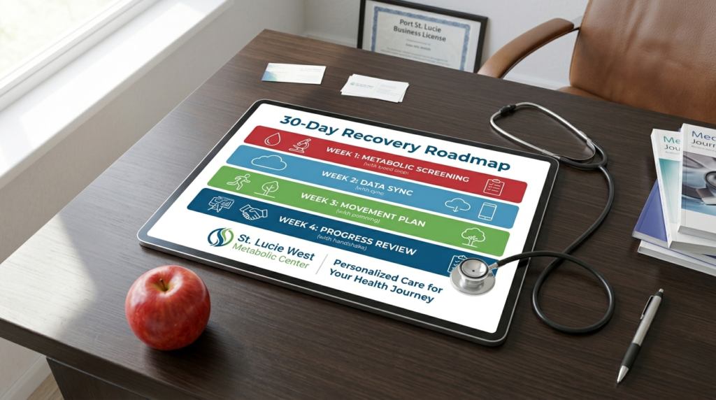 A digital tablet on a wooden desk displaying a "30-Day Recovery Roadmap" from St. Lucie West Metabolic Center, featuring a 4-week health plan.