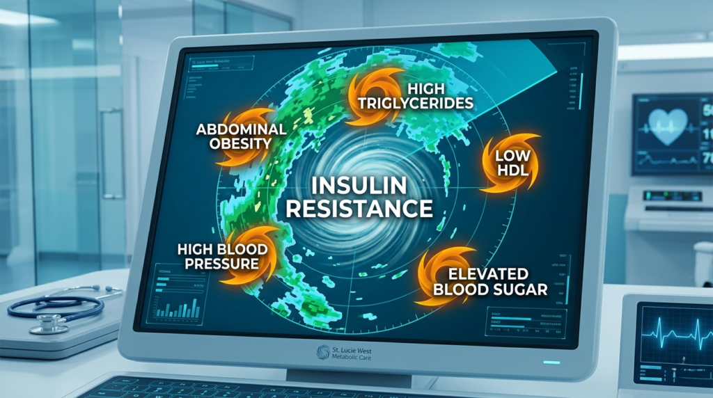 A computer monitor in a medical office displaying an infographic of insulin resistance surrounded by symptoms like abdominal obesity, high blood pressure, and elevated blood sugar.