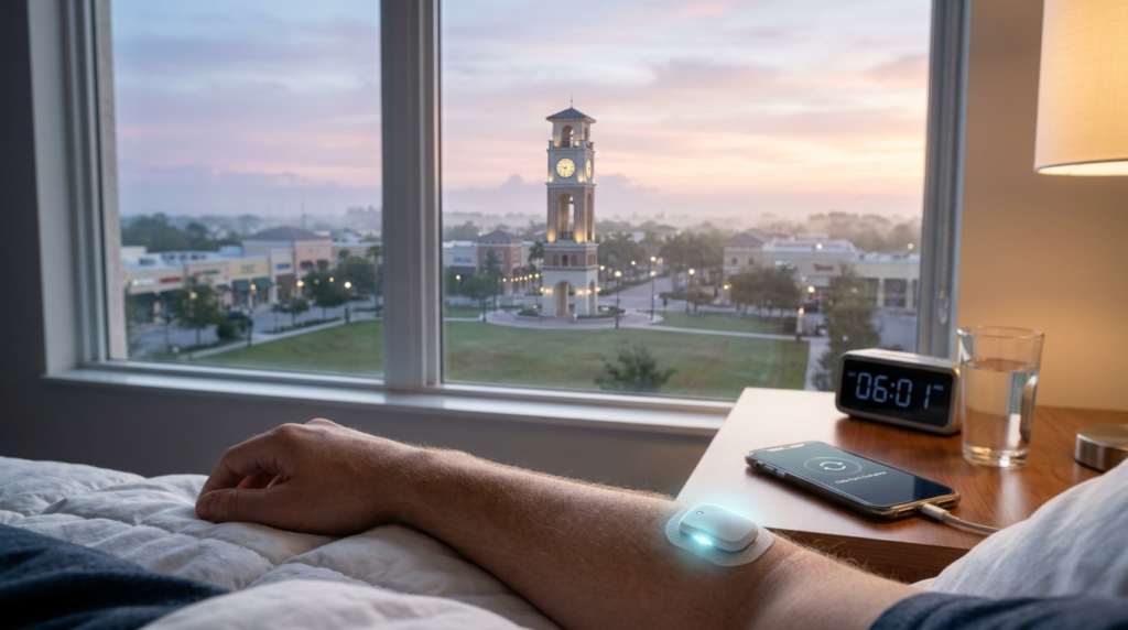 Person lying in bed at sunrise with a CGM sensor on their arm syncing data to a smartphone on a nightstand.