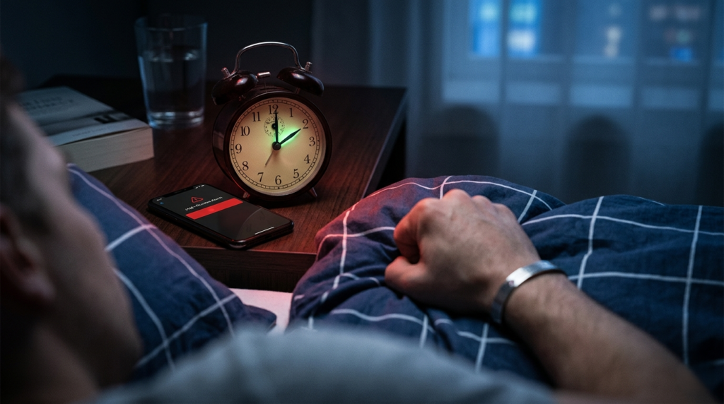 A smartphone on a nightstand displaying a red glucose alert next to an alarm clock at 1:55 AM.
