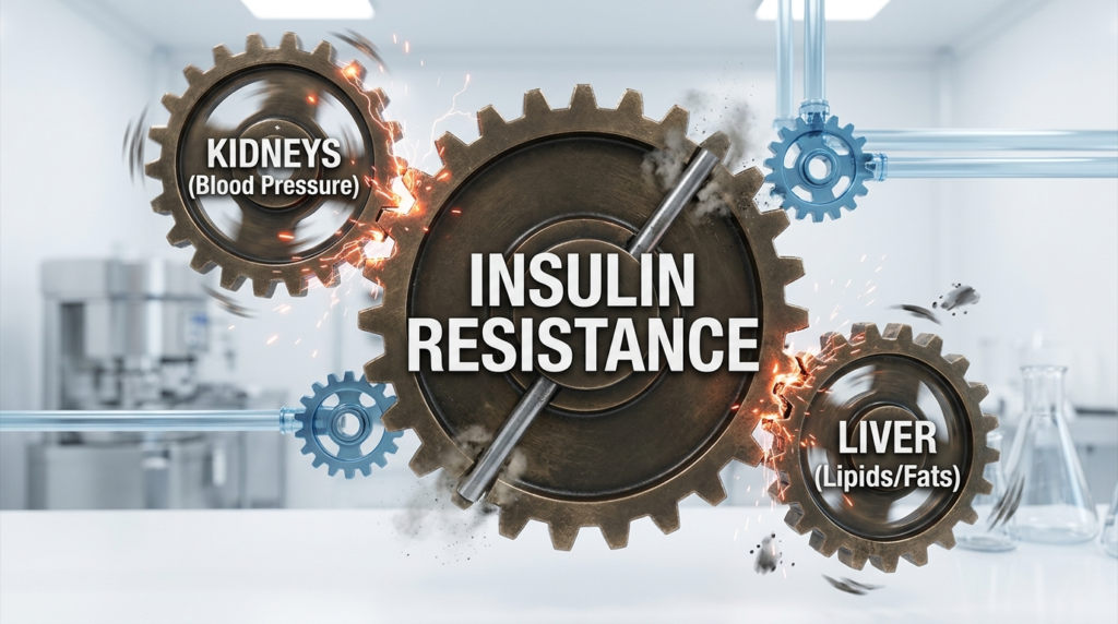 An industrial-style graphic showing metallic gears labeled "Kidneys (Blood Pressure)" and "Liver (Lipids/Fats)" struggling to turn against a central "Insulin Resistance" gear.