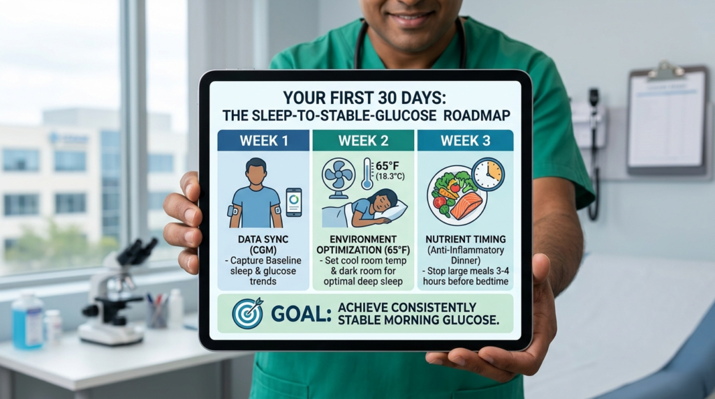 An infographic titled "The Sleep-to-Stable-Glucose Roadmap" held by a healthcare professional, outlining a 3-week plan.