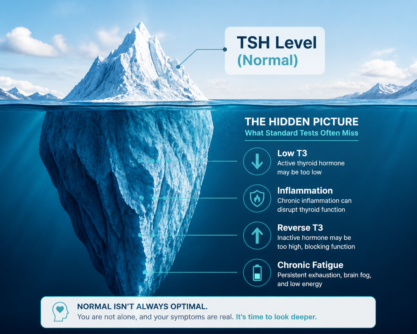An iceberg infographic where the visible tip represents "Normal TSH Levels" and the submerged portion illustrates "The Hidden Picture," including Low T3, inflammation, high Reverse T3, and chronic fatigue.