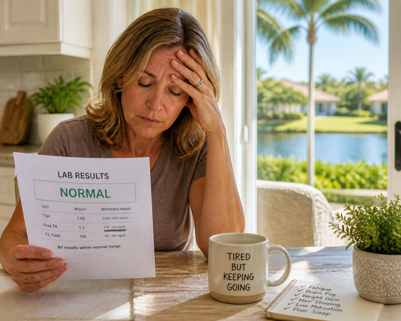 A fatigued woman sitting at a kitchen table holding a lab report labeled "NORMAL" in green, while her notebook lists symptoms like fatigue, brain fog, and weight gain.