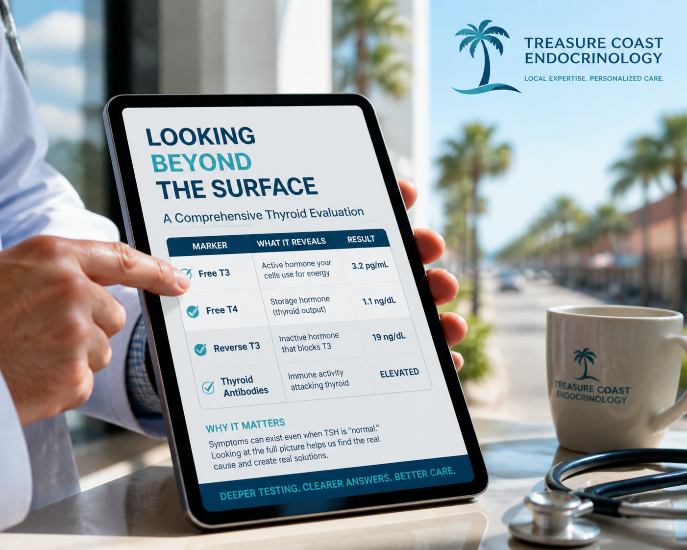 A healthcare professional holding a tablet displaying a "Comprehensive Thyroid Evaluation" from Treasure Coast Endocrinology, showing markers for Free T3, Free T4, Reverse T3, and Thyroid Antibodies