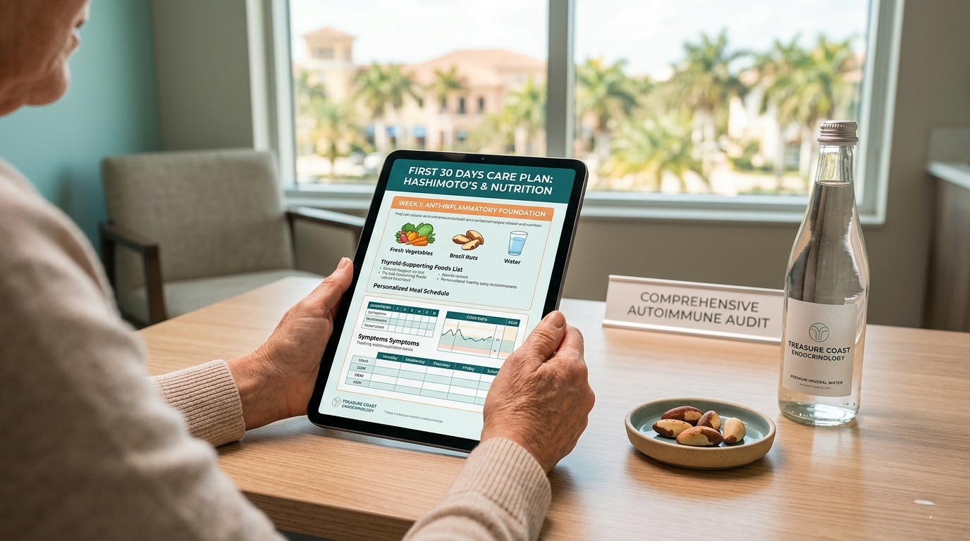 A personalized 30-day care plan for Hashimoto's disease, focused on nutrition and thyroid support, is displayed on a tablet during a consultation at Treasure Coast Endocrinology in Port St. Lucie. The plan includes anti-inflammatory food recommendations and a tracking calendar. Brazil nuts and a bottle of mineral water are on the desk.