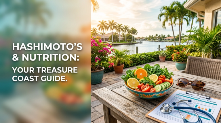 A visual banner for anti-inflammatory eating to manage Hashimoto’s thyroiditis in Port St. Lucie. A healthy salad bowl with citrus sits on a patio table alongside a medical stethoscope and clipboard, overlooking a tropical Treasure Coast waterway with palm trees.