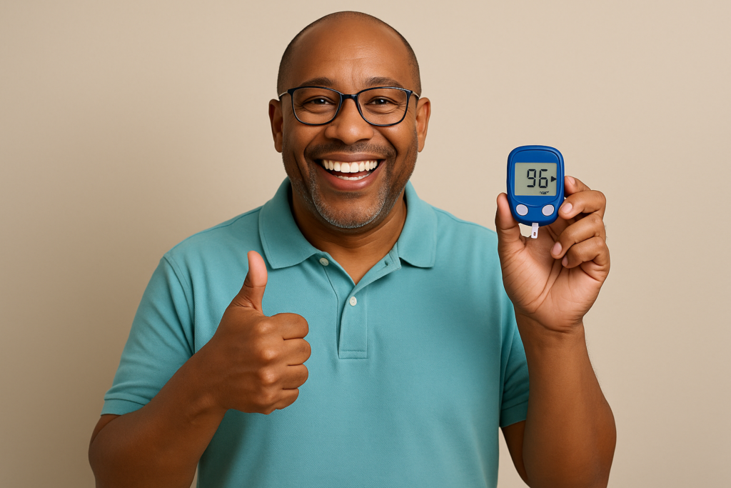 A smiling man giving a thumbs up while holding a blue glucose monitor displaying a reading of 96 mg/dL.