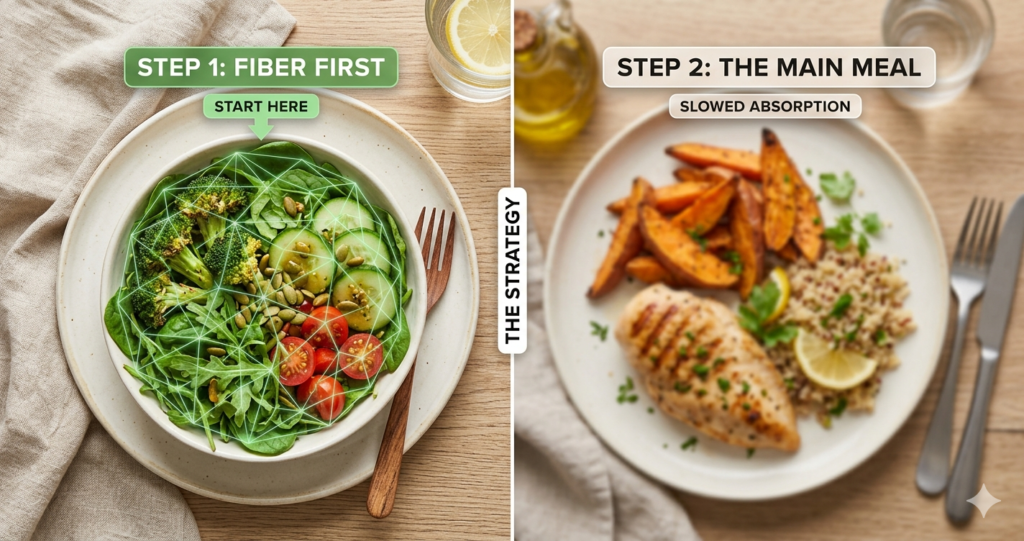 A split-screen image showing a vibrant green salad with a glowing geometric "fiber net" overlay on the left, and a blurred main course of grilled chicken and sweet potatoes on the right, labeled Step 1 and Step 2