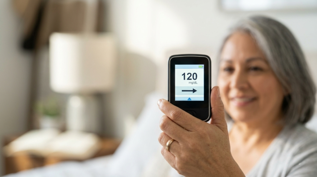 A smiling senior woman holding a digital glucose monitor showing a reading of 120 mg/dL in a bright living room.