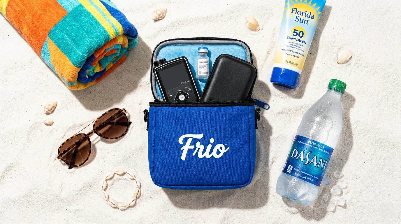 A blue Frio insulin cooling case on white sand surrounded by beach essentials like sunscreen, sunglasses, a towel, and a water bottle.